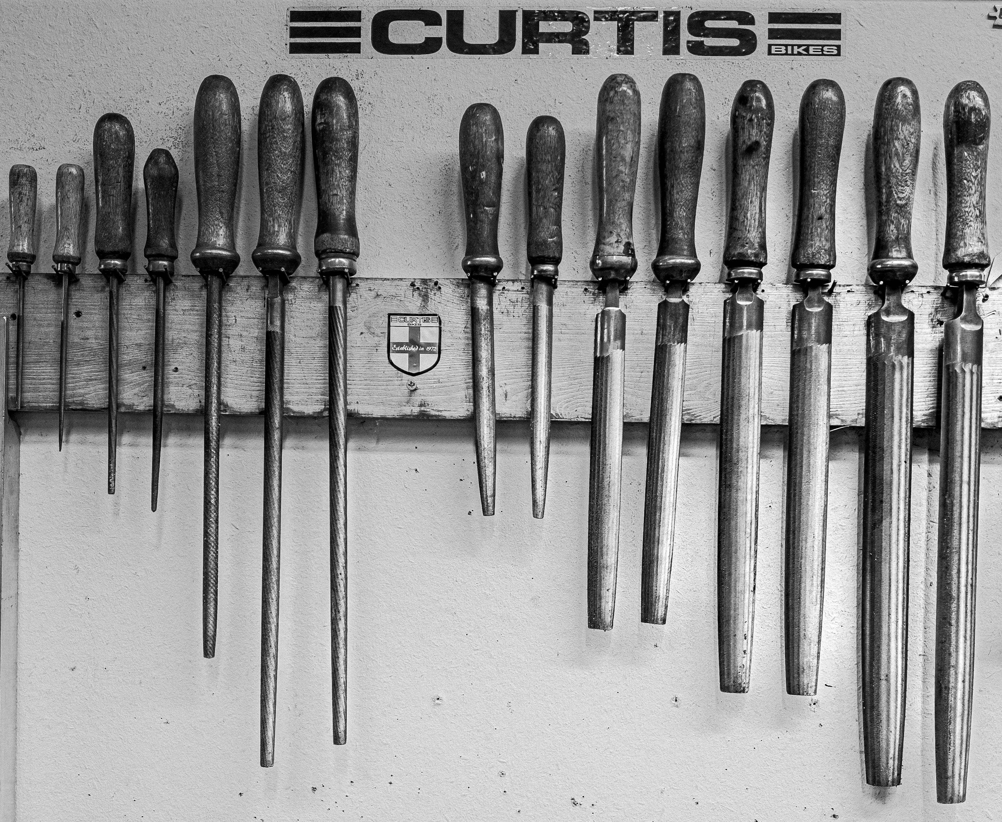 Curtis workshop files hanging beneath the Curtis Bikes sign